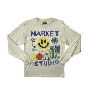 Chinatown Market Shirt Mens Medium Cream Cotton Smiley Collage Long Sleeve Crew